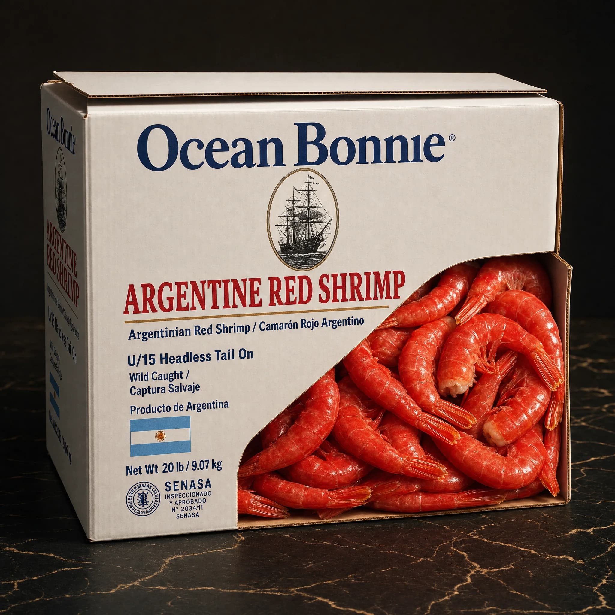 Ocean Bonnie Shrimp Argentinian Red U/15 Headless Tail On
